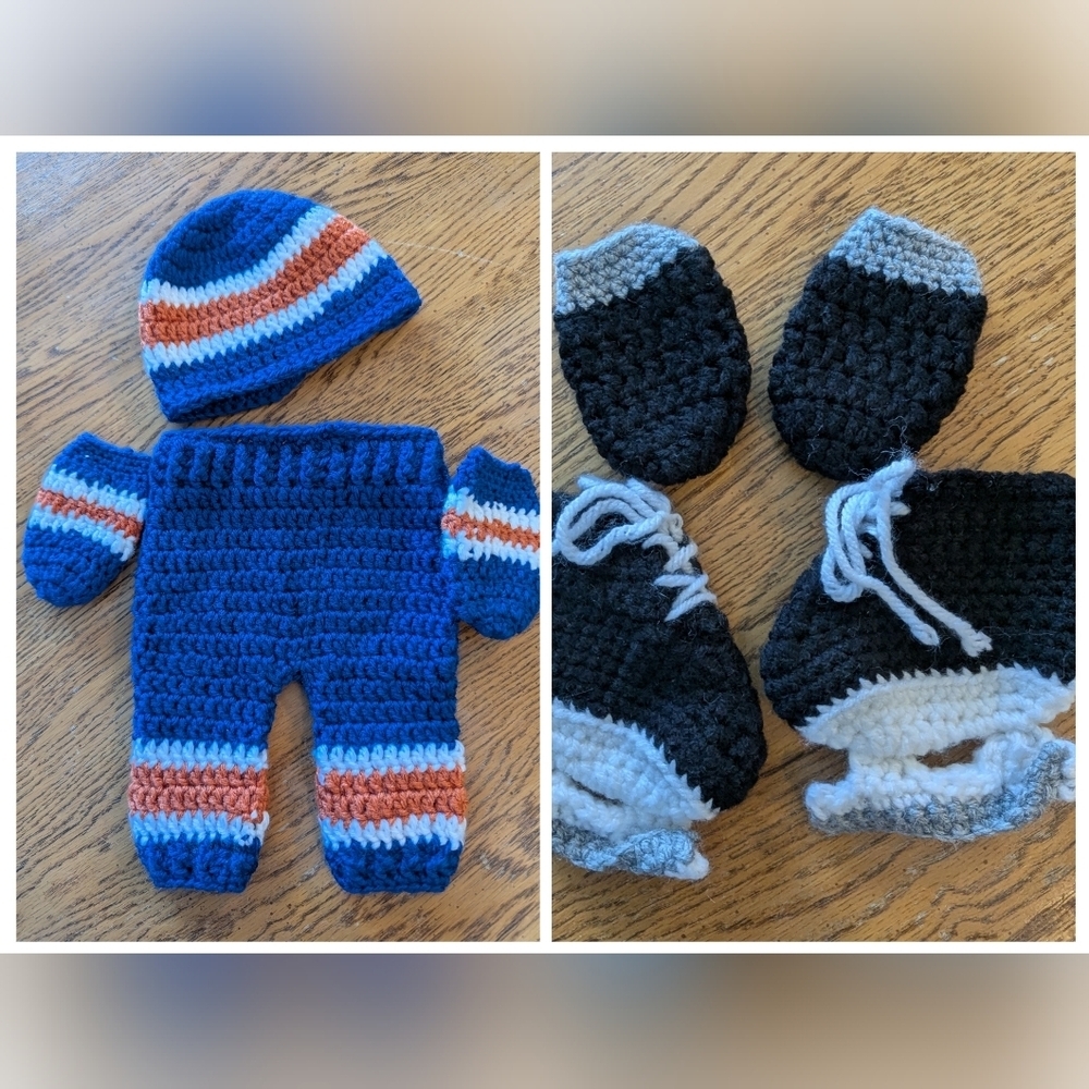 NHL hand-crocheted Oilers HOCKEY infant knit set. 0-3 Months